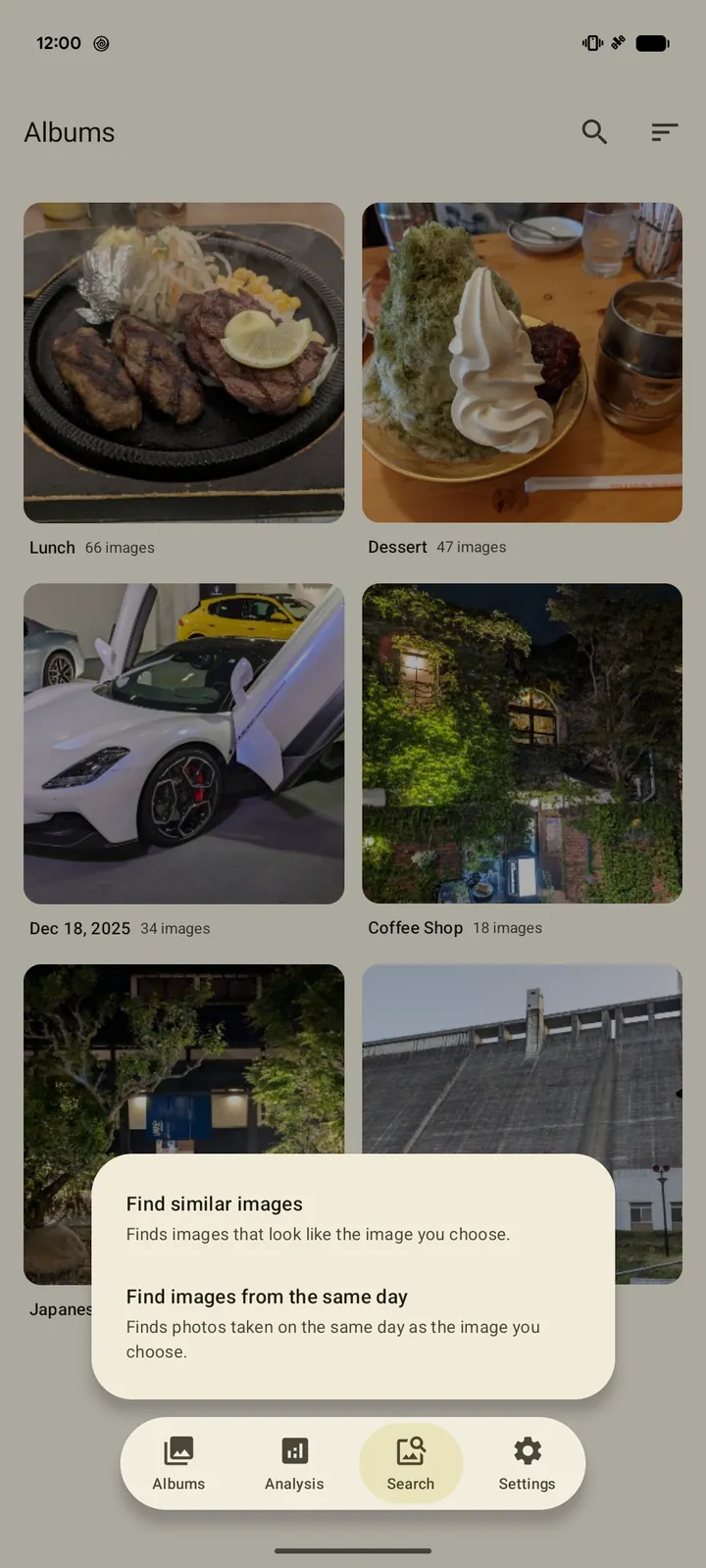 The menu for choosing between finding similar images and images from the same day